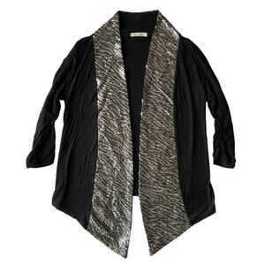 Tea n Rose Women Cardigan size M Open Front 3/4 Sleeve Silver Sequin Solid Black